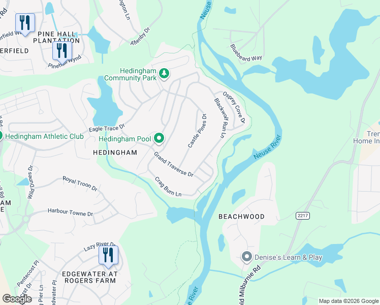 map of restaurants, bars, coffee shops, grocery stores, and more near 1944 Castle Pines Drive in Raleigh