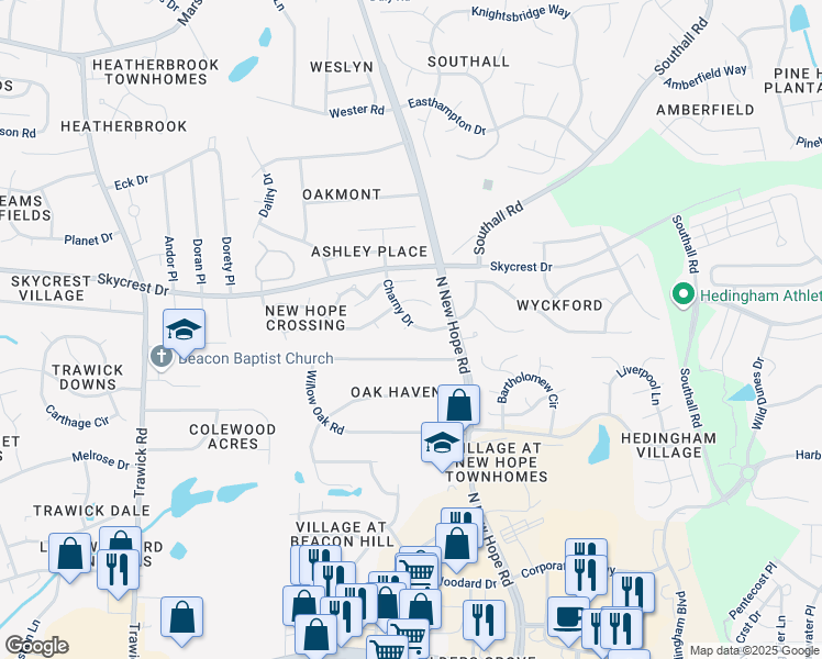 map of restaurants, bars, coffee shops, grocery stores, and more near 2131 Charny Drive in Raleigh