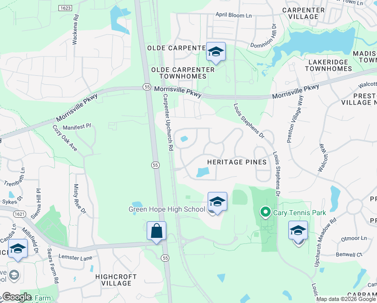 map of restaurants, bars, coffee shops, grocery stores, and more near 100 Knotts Valley Lane in Cary