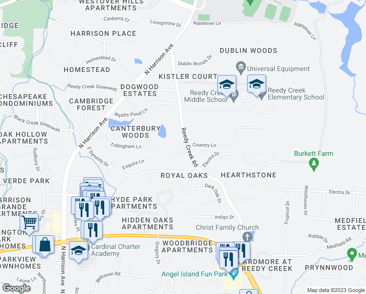 map of restaurants, bars, coffee shops, grocery stores, and more near 909 Reedy Creek Road in Cary