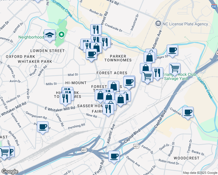 map of restaurants, bars, coffee shops, grocery stores, and more near 821 Cotton Exchange Court in Raleigh