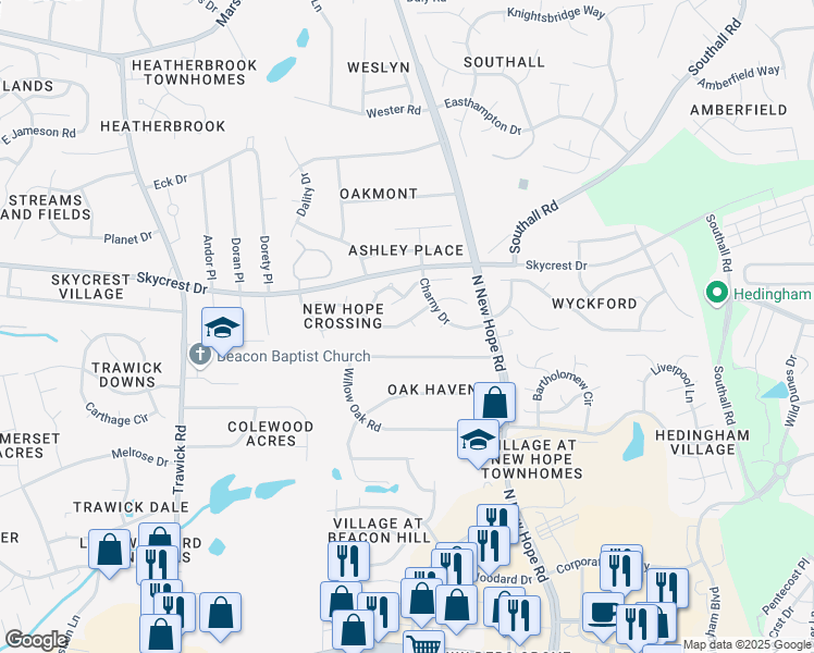 map of restaurants, bars, coffee shops, grocery stores, and more near 2111 Glassville Court in Raleigh