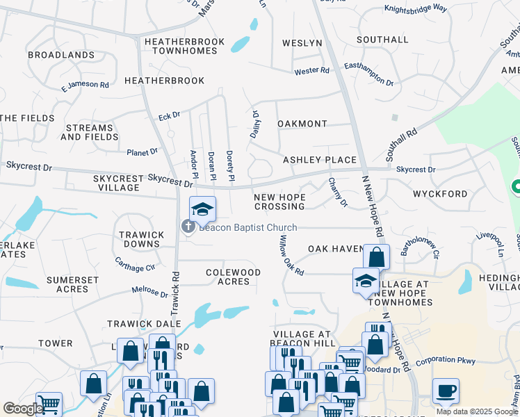 map of restaurants, bars, coffee shops, grocery stores, and more near 3001 Emcutta Court in Raleigh