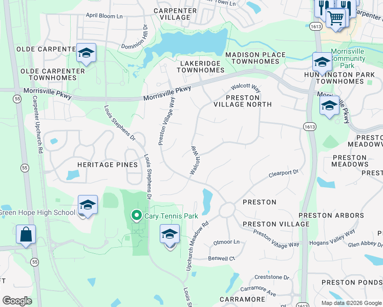 map of restaurants, bars, coffee shops, grocery stores, and more near 101 Bartica Court in Cary