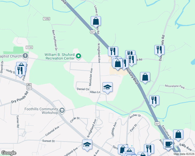 map of restaurants, bars, coffee shops, grocery stores, and more near 75 North Highland Avenue in Granite Falls