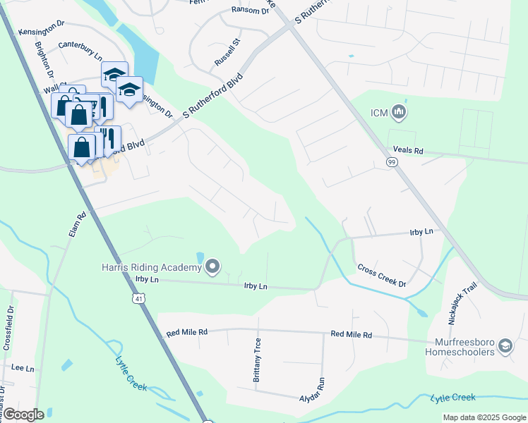 map of restaurants, bars, coffee shops, grocery stores, and more near 1911 Kensington Drive in Murfreesboro