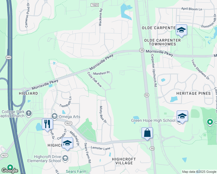 map of restaurants, bars, coffee shops, grocery stores, and more near 1201 Stowage Drive in Cary