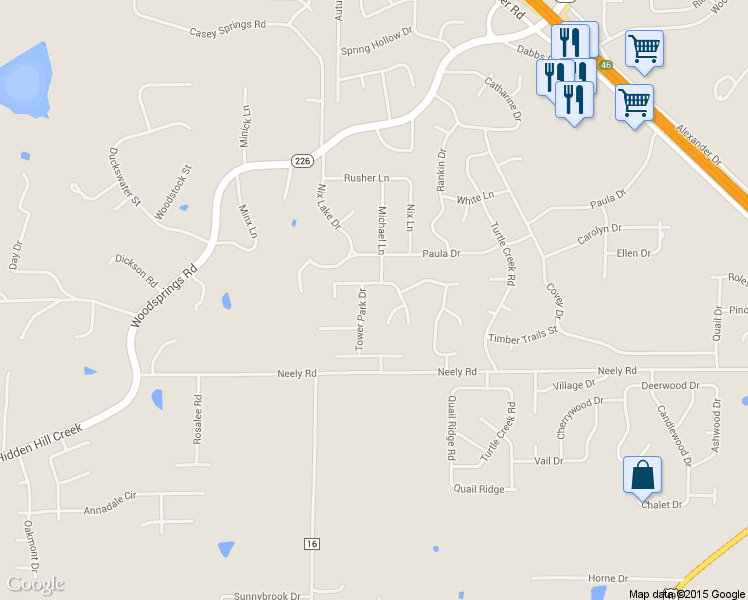 map of restaurants, bars, coffee shops, grocery stores, and more near 2804 Tower Park Drive in Jonesboro