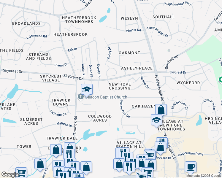 map of restaurants, bars, coffee shops, grocery stores, and more near 3001 Emcutta Court in Raleigh