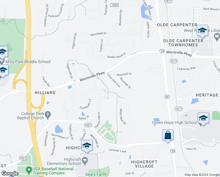 map of restaurants, bars, coffee shops, grocery stores, and more near 1307 Cozy Oak Avenue in Cary