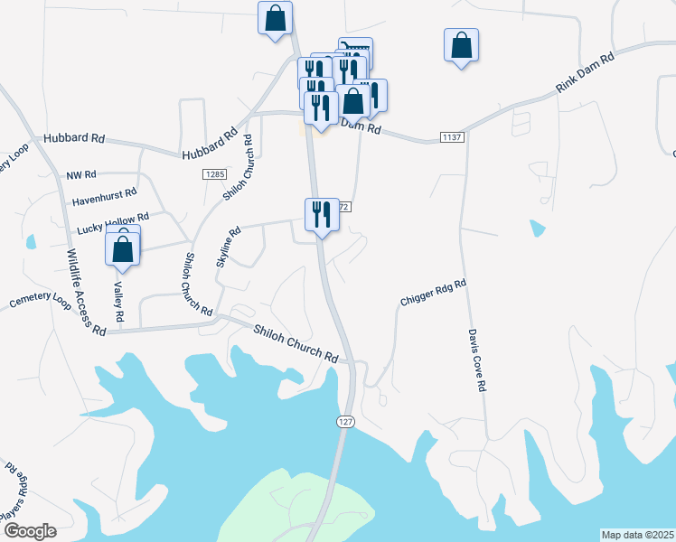 map of restaurants, bars, coffee shops, grocery stores, and more near 90 Riverside Drive in Hickory