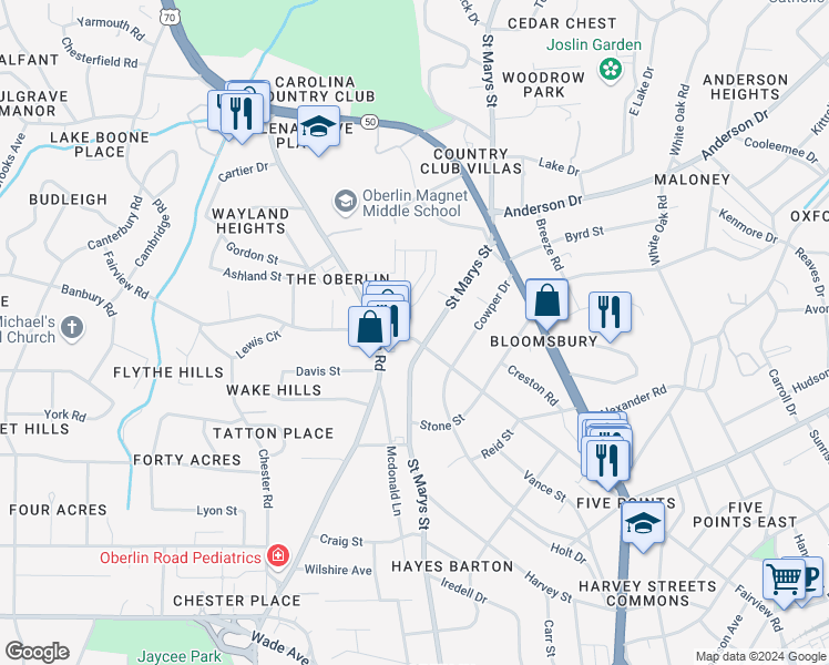 map of restaurants, bars, coffee shops, grocery stores, and more near 2506 Fairview Road in Raleigh