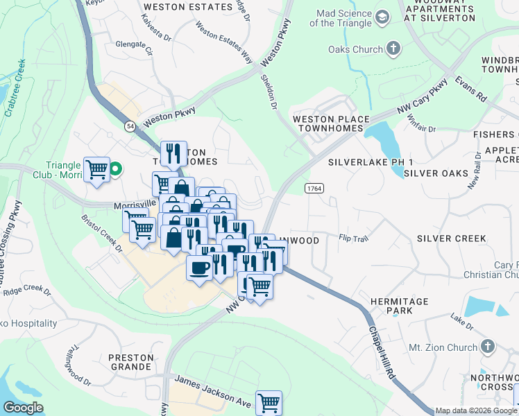 map of restaurants, bars, coffee shops, grocery stores, and more near 1708 Macalpine Circle in Morrisville