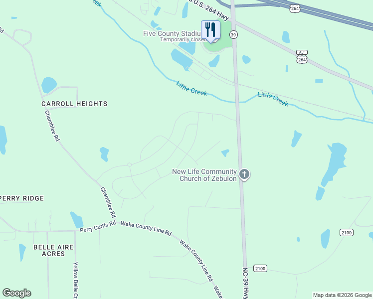 map of restaurants, bars, coffee shops, grocery stores, and more near 1203 Channel Drop Boulevard in Zebulon