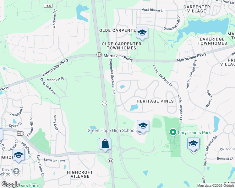 map of restaurants, bars, coffee shops, grocery stores, and more near 100 Knotts Valley Lane in Cary
