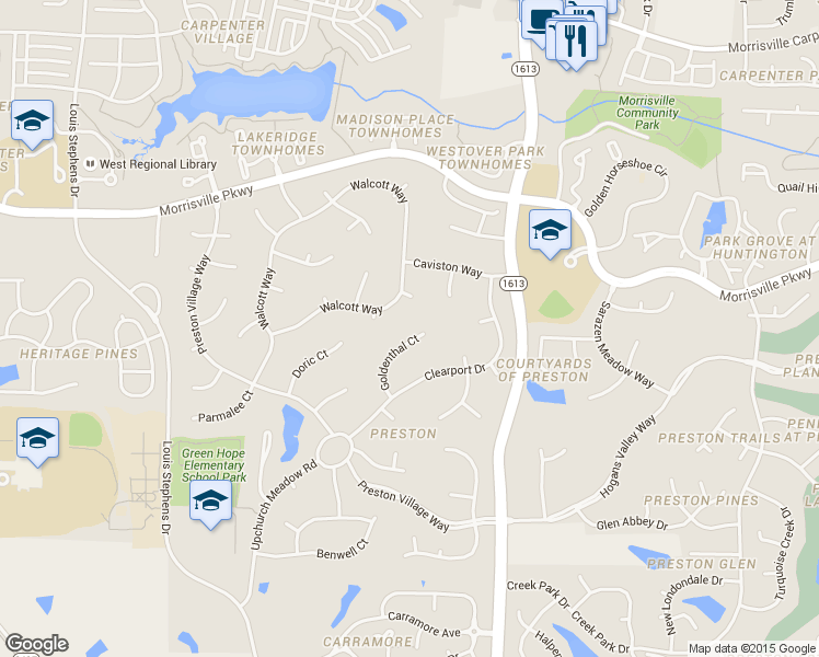 map of restaurants, bars, coffee shops, grocery stores, and more near 121 Goldenthal Court in Cary