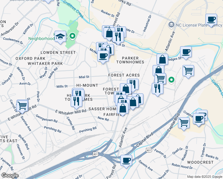 map of restaurants, bars, coffee shops, grocery stores, and more near 2023 Wake Forest Road in Raleigh