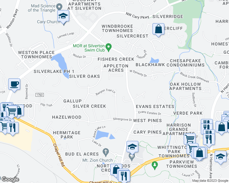 map of restaurants, bars, coffee shops, grocery stores, and more near 113 Broken Bow Court in Cary
