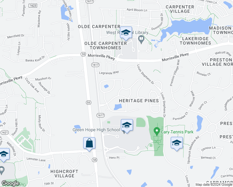 map of restaurants, bars, coffee shops, grocery stores, and more near 103 Uplands Creek Drive in Cary