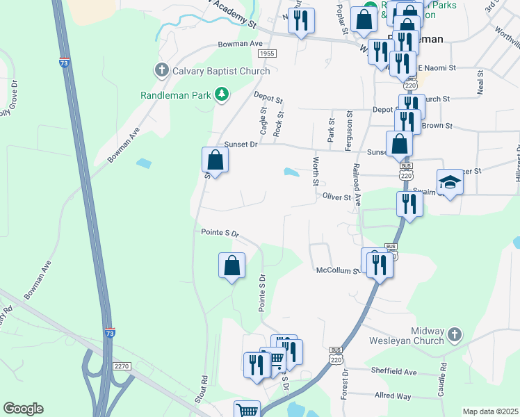 map of restaurants, bars, coffee shops, grocery stores, and more near 509 Booker T Womble Road in Randleman