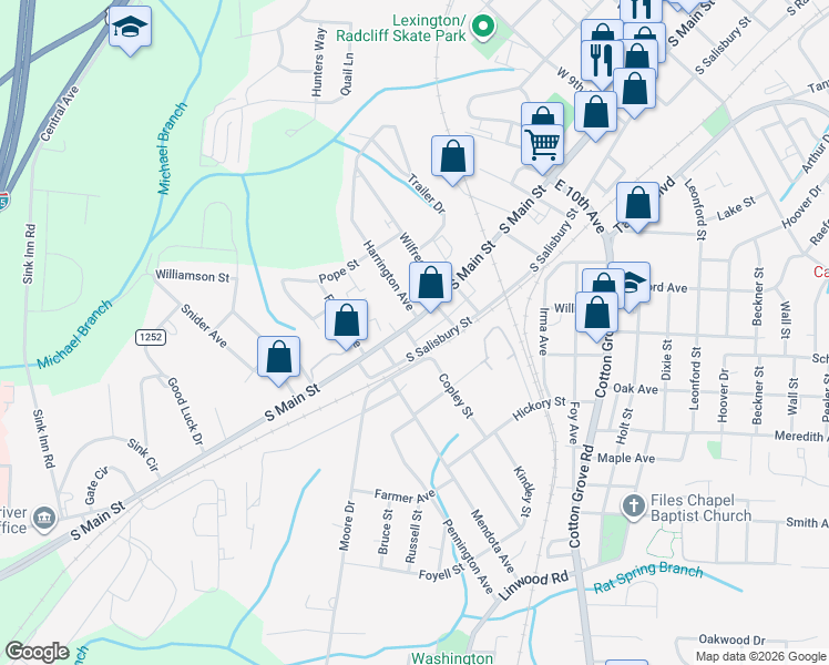 map of restaurants, bars, coffee shops, grocery stores, and more near 1311 South Main Street in Lexington