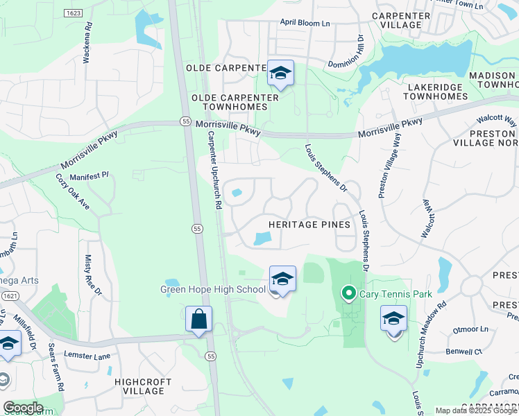 map of restaurants, bars, coffee shops, grocery stores, and more near 103 Uplands Creek Drive in Cary