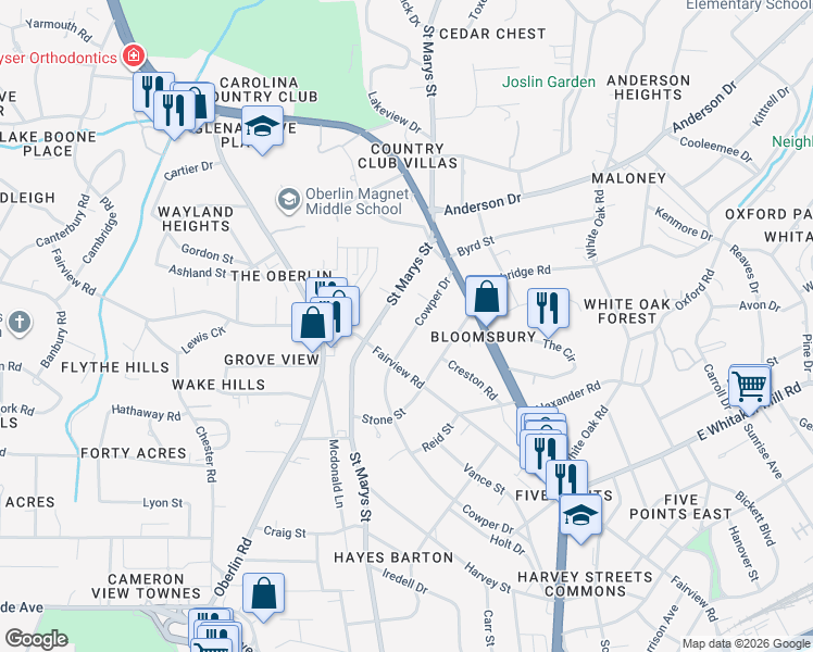 map of restaurants, bars, coffee shops, grocery stores, and more near 2115 Cowper Drive in Raleigh