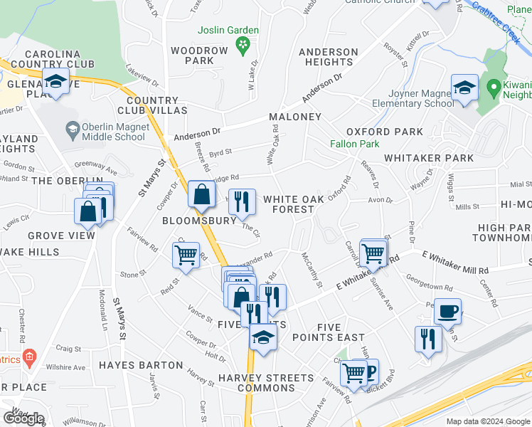map of restaurants, bars, coffee shops, grocery stores, and more near 2330 Hales Road in Raleigh