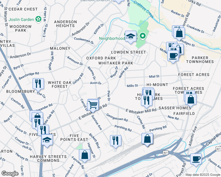 map of restaurants, bars, coffee shops, grocery stores, and more near 2012 Pine Drive in Raleigh