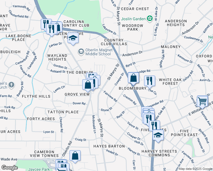 map of restaurants, bars, coffee shops, grocery stores, and more near 2108 Saint Marys Street in Raleigh