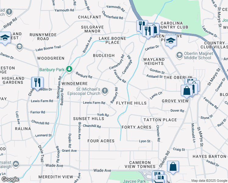 map of restaurants, bars, coffee shops, grocery stores, and more near 2100 Banbury Road in Raleigh