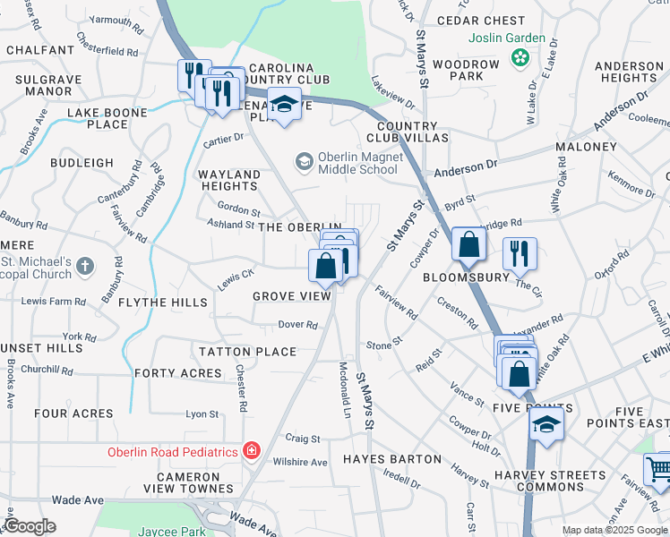 map of restaurants, bars, coffee shops, grocery stores, and more near 2518 Fairview Road in Raleigh