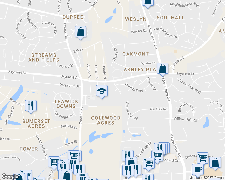map of restaurants, bars, coffee shops, grocery stores, and more near 3001 Emcutta Court in Raleigh