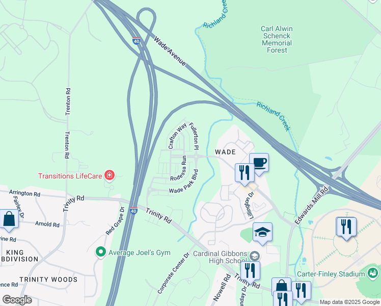 map of restaurants, bars, coffee shops, grocery stores, and more near 1431 Van Page Boulevard in Raleigh