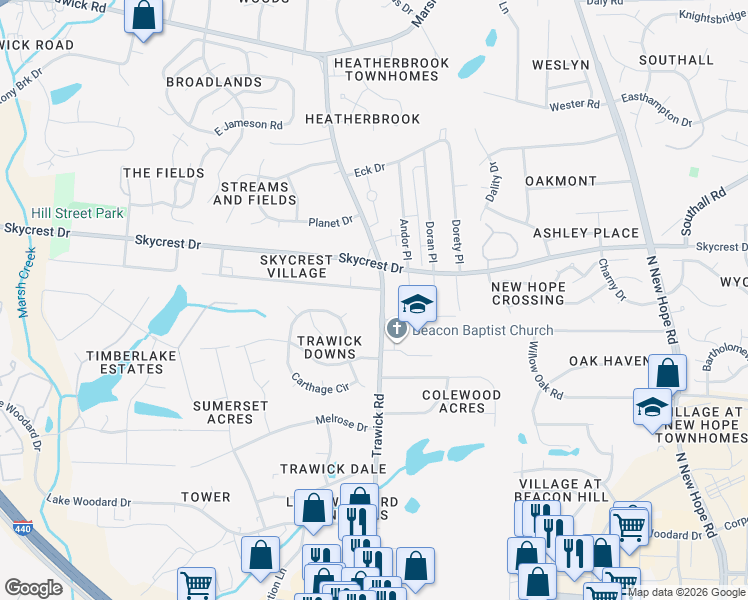 map of restaurants, bars, coffee shops, grocery stores, and more near 2105 Trawick Road in Raleigh