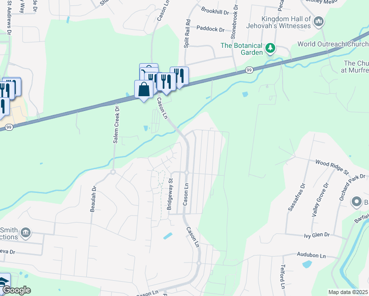 map of restaurants, bars, coffee shops, grocery stores, and more near 2124 Cason Lane in Murfreesboro