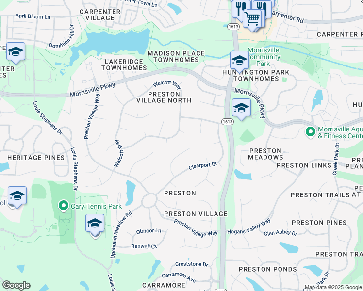 map of restaurants, bars, coffee shops, grocery stores, and more near 121 Goldenthal Court in Cary