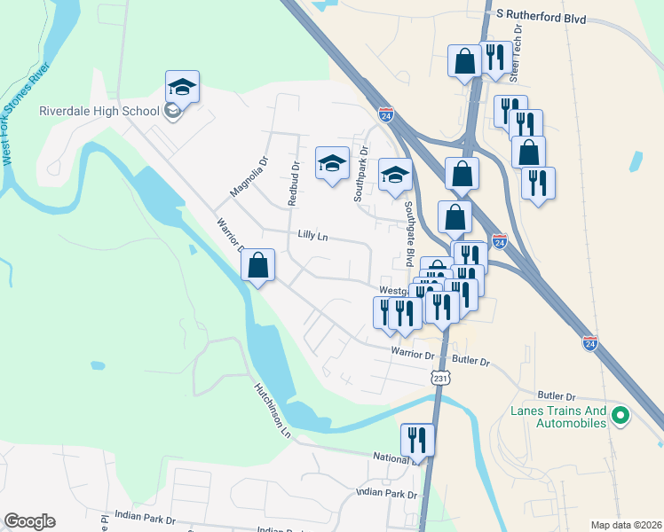 map of restaurants, bars, coffee shops, grocery stores, and more near 409 Jonquil Court in Murfreesboro