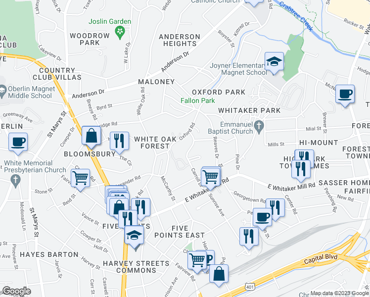 map of restaurants, bars, coffee shops, grocery stores, and more near 2117 Carroll Drive in Raleigh