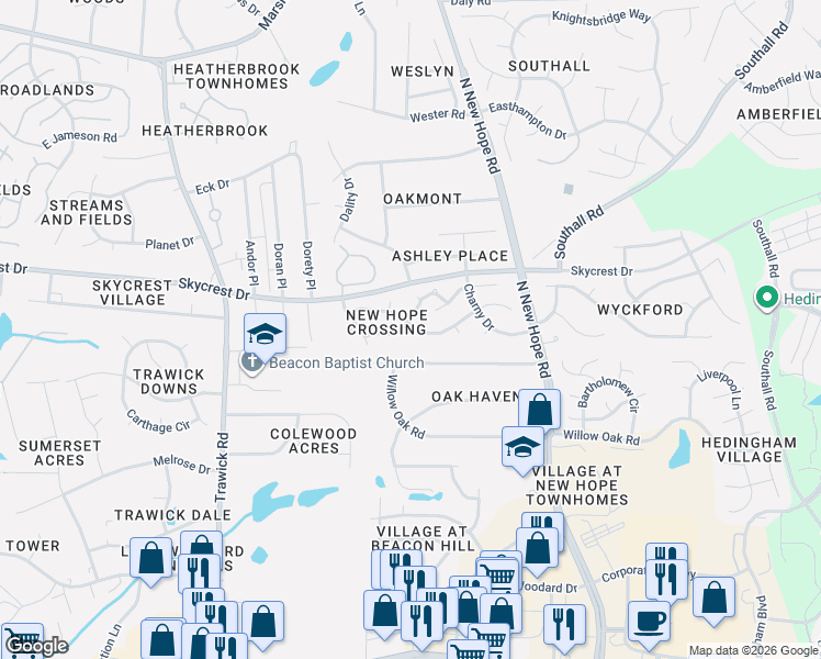 map of restaurants, bars, coffee shops, grocery stores, and more near 4028 Toccopola Street in Raleigh