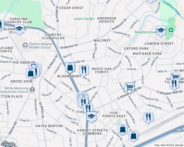map of restaurants, bars, coffee shops, grocery stores, and more near 2330 Hales Road in Raleigh