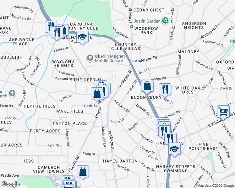 map of restaurants, bars, coffee shops, grocery stores, and more near 2108 Saint Marys Street in Raleigh