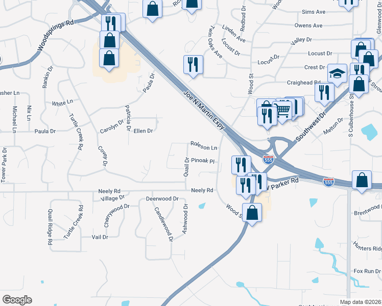 map of restaurants, bars, coffee shops, grocery stores, and more near 3012 Quail Drive in Jonesboro