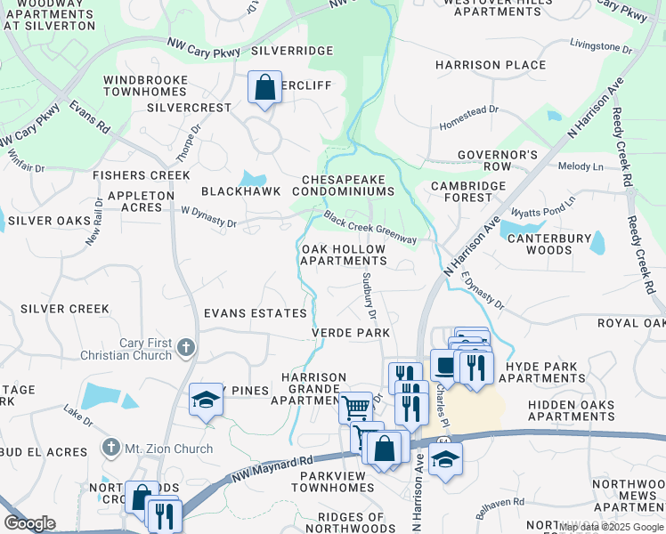 map of restaurants, bars, coffee shops, grocery stores, and more near 105 Collier Place in Cary
