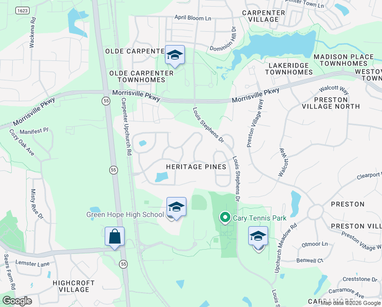 map of restaurants, bars, coffee shops, grocery stores, and more near 105 Rockport Ridge Way in Cary