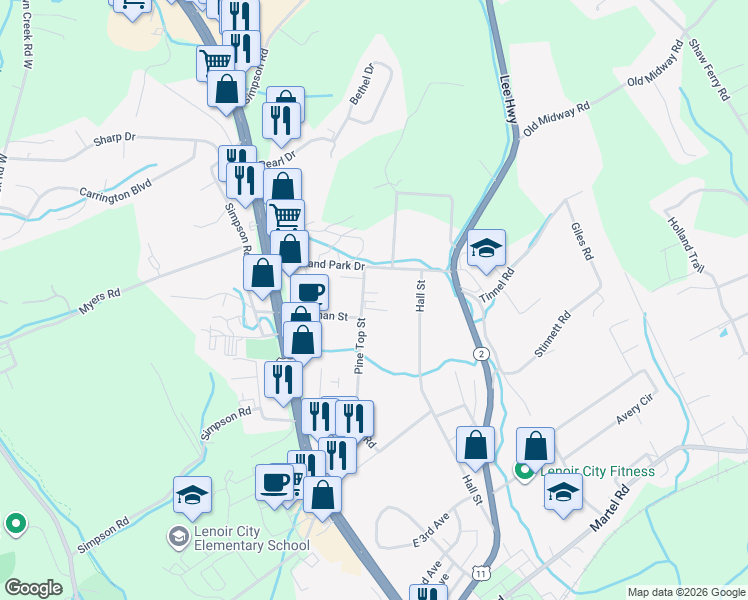 map of restaurants, bars, coffee shops, grocery stores, and more near 1303 Pine Top Road in Lenoir City
