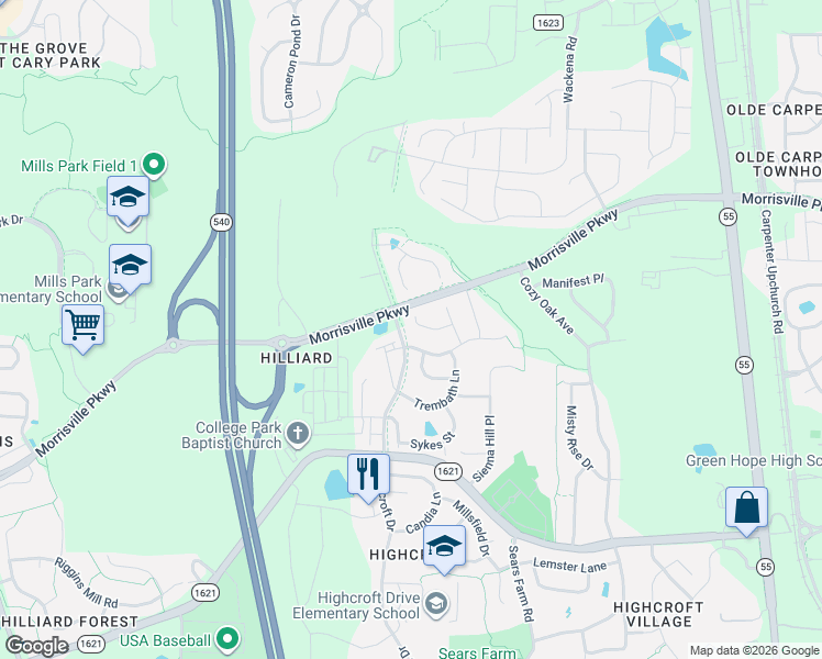map of restaurants, bars, coffee shops, grocery stores, and more near 6033 Fryars Gate Court in Cary