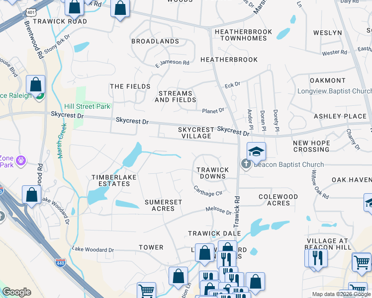 map of restaurants, bars, coffee shops, grocery stores, and more near 2216 Dobbin Place in Raleigh