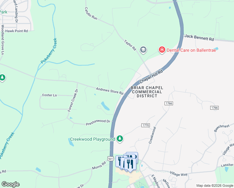 map of restaurants, bars, coffee shops, grocery stores, and more near 67 Andrews Store Road in Pittsboro
