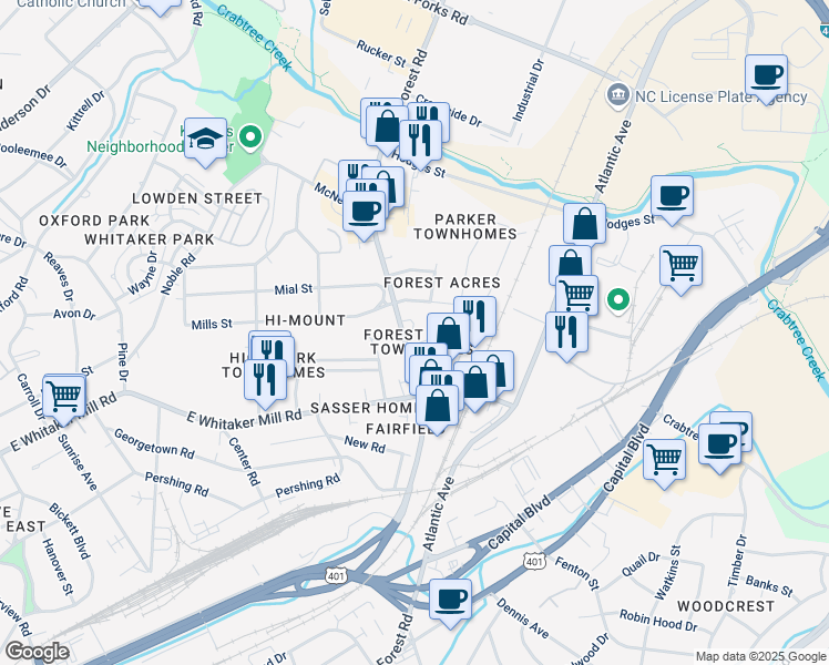 map of restaurants, bars, coffee shops, grocery stores, and more near 2030 Wake Forest Road in Raleigh